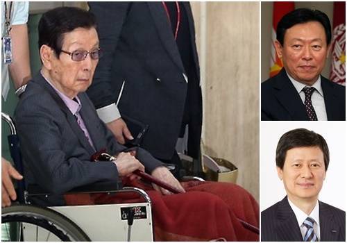 (시계방향으로)롯데그룹 신격호 총괄회장과 신동빈 회장, 신동주 전 일본 롯데홀딩스 부회장(사진=연합뉴스) 