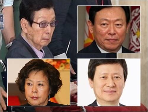 (시계 방향으로) 신격호 총괄회장, 신동빈 회장, 신동주 전 부회장, 신영자 이사장(사진=연합뉴스) 