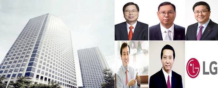 (상단 우측부터 시계 반대 방향으로) 한상범 LG디스플레이 부회장, 조성진 LG전자 부회장, 박진수 LG화학 부회장, 차석용 LG생활건강 부회장, 권영수 LG유플러스 회장. 사진=LG그룹 제공 