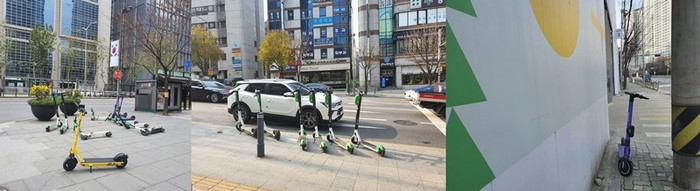 (좌) 도로중앙에 쓰러져 있는 전동킥보드 (가운데) 도로 가까이 위험하게 배치돼 있는 전동킥보드 (우) 공사장 인근에 방치된 전동킥보드 