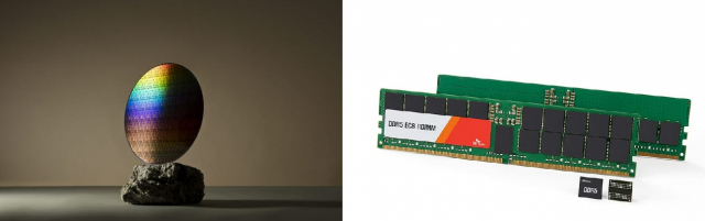 삼성전자와 IBM이 공동 개발한 새 반도체 기술 'VTFET' 아키텍처(왼쪽)와 SK하이닉스가 업계 최초로 샘플 출하한 24Gb DDR5 D램·96GB·48GB D램 모듈<사진제공=각사>