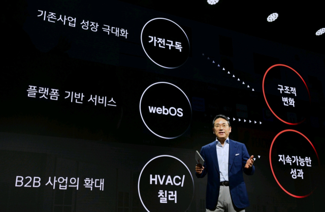 조주완 LG전자 CEO 사장이 2024년 8월 서울 강서구 LG사이언스파크에서 열린 ‘인베스터 포럼’에서 사업 포트폴리오 혁신 경과와 향후 계획을 소개하고 있다. <사진=LG전자>