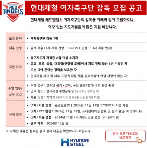현대제철 레드엔젤스, 신규 감독 공개 채용