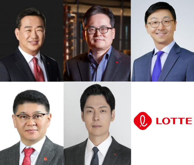 위쪽 왼쪽부터 시계방향으로 김상현 롯데유통군 총괄대표, 박윤기 롯데칠성음료 대표, 이창엽 롯데웰푸드 대표, 차우철 롯데GRS 대표, 신유열 롯데지주 부사장. <사진제공=롯데>