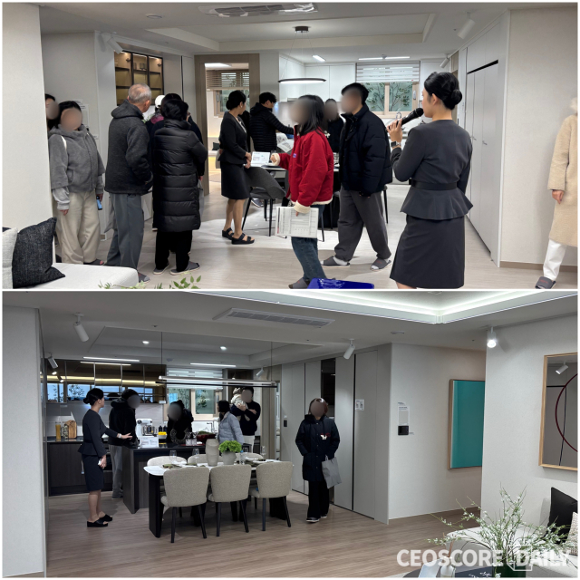 28일 김포 사우동 일대 마련된 호반써밋인천검단3차 견본주택을 찾은 방문객들이 내부에 전시된 전용 84㎡(위), 97㎡ 유닛을 관람하고 있다. <사진=박수연 기자>