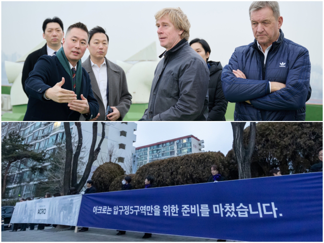 현대건설(위)은 지난 4일 글로벌 설계사 RSHP와 압구정5구역 현장을 방문했으며, DL이앤씨(아래)는 지난 10일 임직원 약 200여명과 압구정5구역 조합원들에게 출근길 인사를 건다.<사진=각 사>