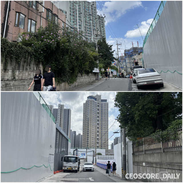 24일 서울 노원구 월계동 487-17번지 일원에서 월계중흥S클래스리비에르 현장 모습. 북쪽으로는 구축아파트와 빌라가가 조성돼 있으며(위) 남쪽으로는 장위뉴타운에 들어서는 푸르지오라디우스파크 공사가 진행 중이다 (아래). <사진=박수연 기자>