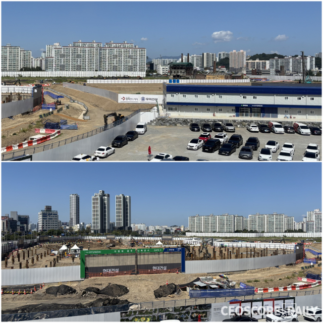 7일 전남광주 북구 일대에서 챔피언스시티 1차 현장(위)과 더현대광주가 공사가 한창 진행 중이다 .<사진=박수연 기자>