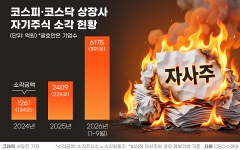 올 들어 상장사 자사주 소각 62조, 1년새 156%↑…삼성전자·SK하이닉스가 절반 넘어